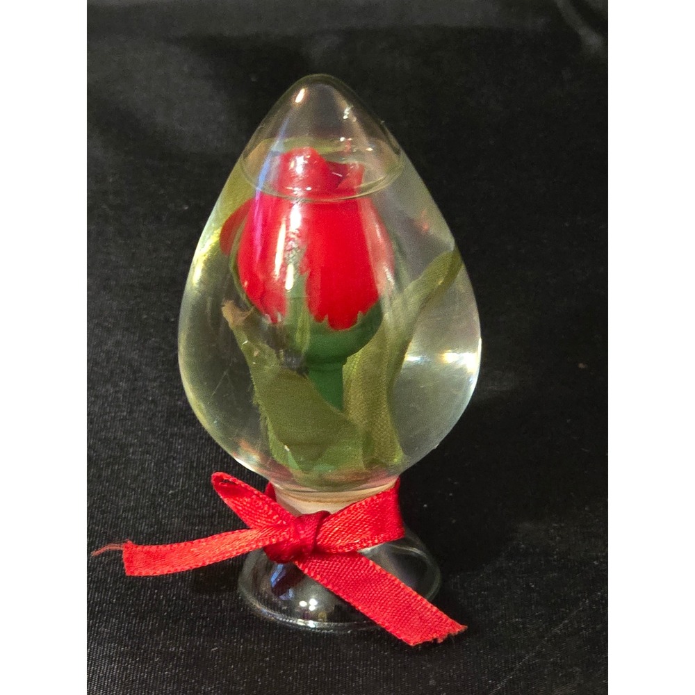 Vintage Glass Rose Paperweight Teardrop Encased Red Flower Made in Taiwan 3 inch